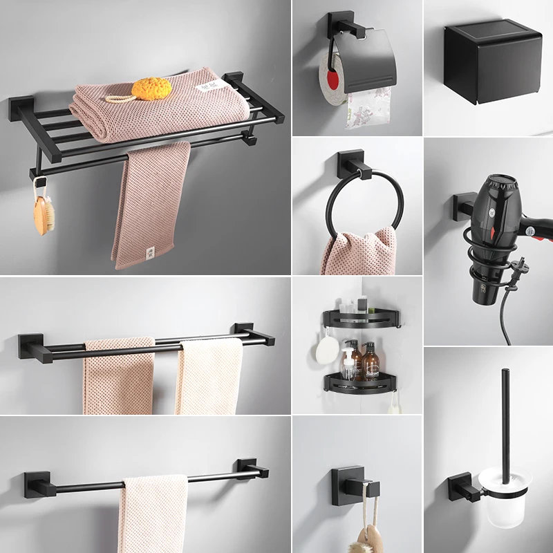 

Black Towel Bars Bathroom Towel Hanger Aluminum Alloy Bathroom Accessories Towel Rack Towel Ring Toilet Brush Storage Shelf