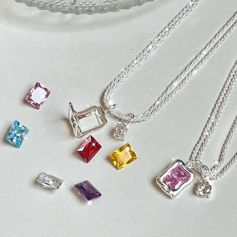 

Super Flash Square Can Be Replaced with 6 Kinds of Colorful Gem Necklace N+ Wear Method Female Clavicle Chain Jewelry