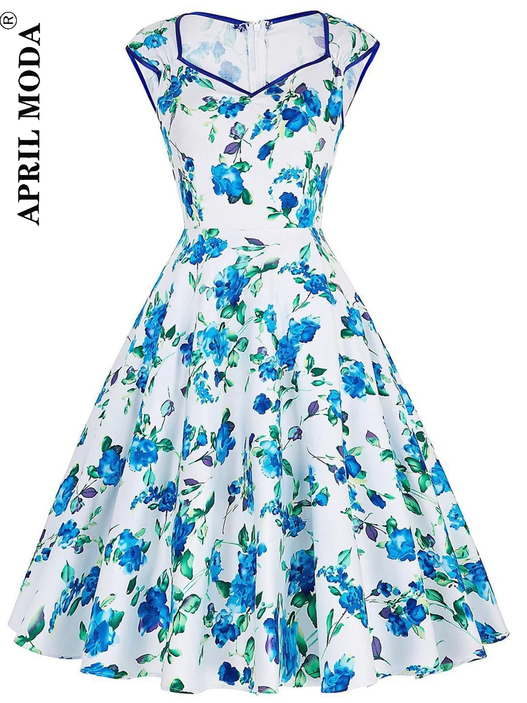 

Elegant Floral Women Summer Dress Retro Vintage 50s 60s Rockabilly Swing Pinup Dresses Casual White Party Robe De Cocktail Gowns