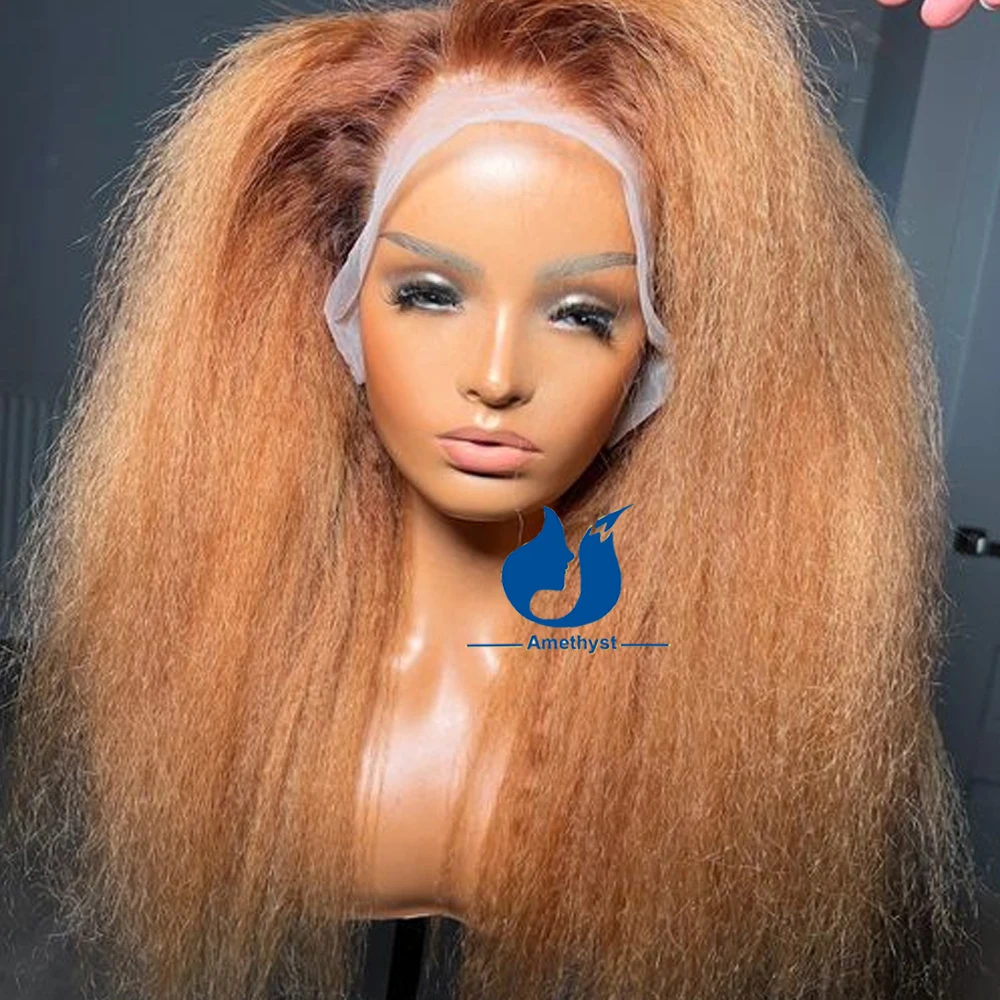 Ombre Brown Blonde Kinky Straight Human Hair Wig for Black Women 3#/27# Yaki Straight 13X6 Lace Front Wigs Brazilian Remy Lace