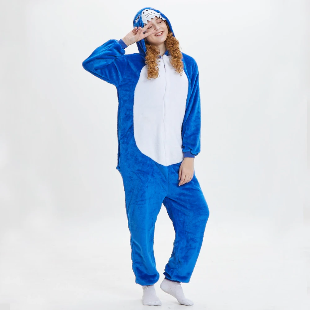 Kigurumi Adults Women Men Animal Shark Onesies Flannel Cartoon Pajamas Set Warm Winter Homewear Halloween Cosplay Cute Jumpsuits