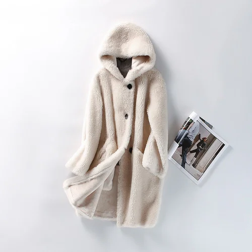 Hooded Fur Trench Coat Female Winter 2022 Sheep Shearling Coats Women Wool Jackets Korean Style Casaco Feminino Gxy178