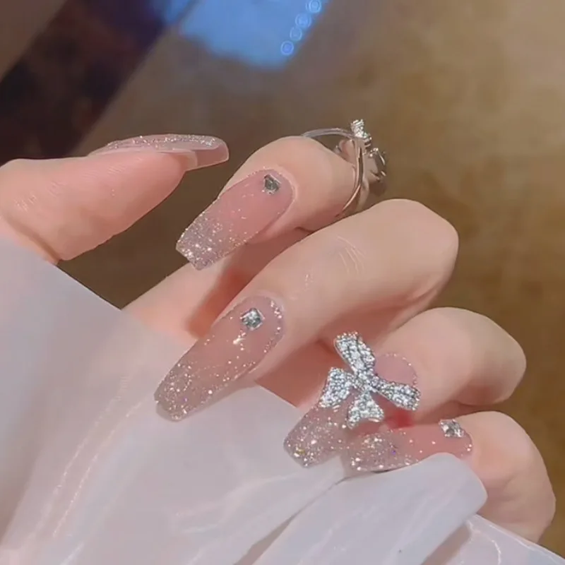 

24PCS Shiny Bow Fake Long Unhas Decoradas Postiças with Jelly Gel Pointed Head Sweet Style Press on Nails Wearable Finished