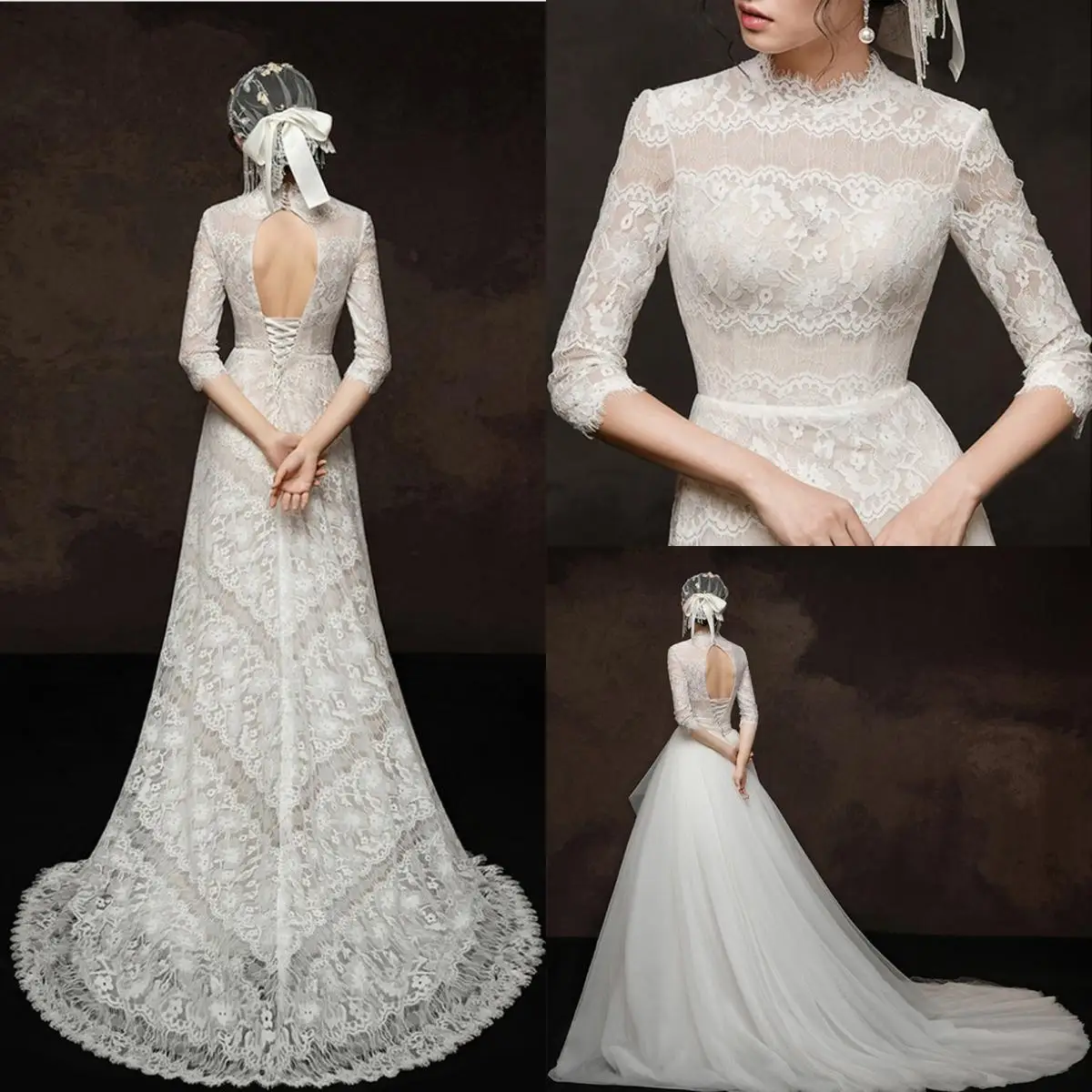 

Женское свадебное платье со съемным шлейфом, с длинным рукавом и открытой спиной