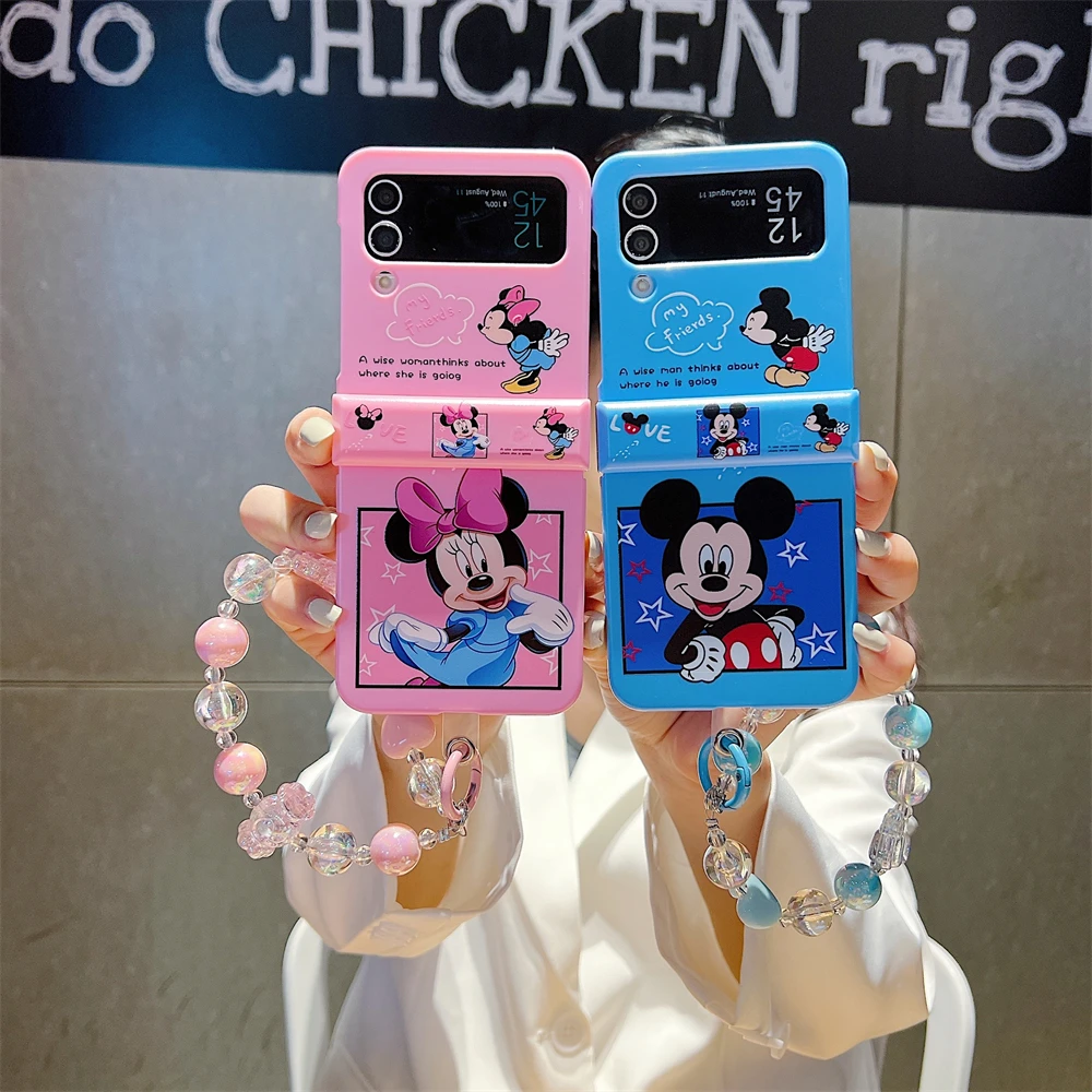 

Disney Mickey Minnie Cute Couple Pink Phone Case For Samsung Galaxy Z Flip 3 4 5G ZFlip3 ZFlip4 Flip3 Flip4 Cover with beads