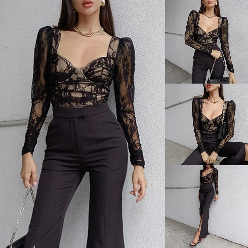

Women's Lace Sexy See-Through Tops Solid Color Chest Long-Sleeve T-Shirt V-Neck Top Wrinkled Slim T-Shirt