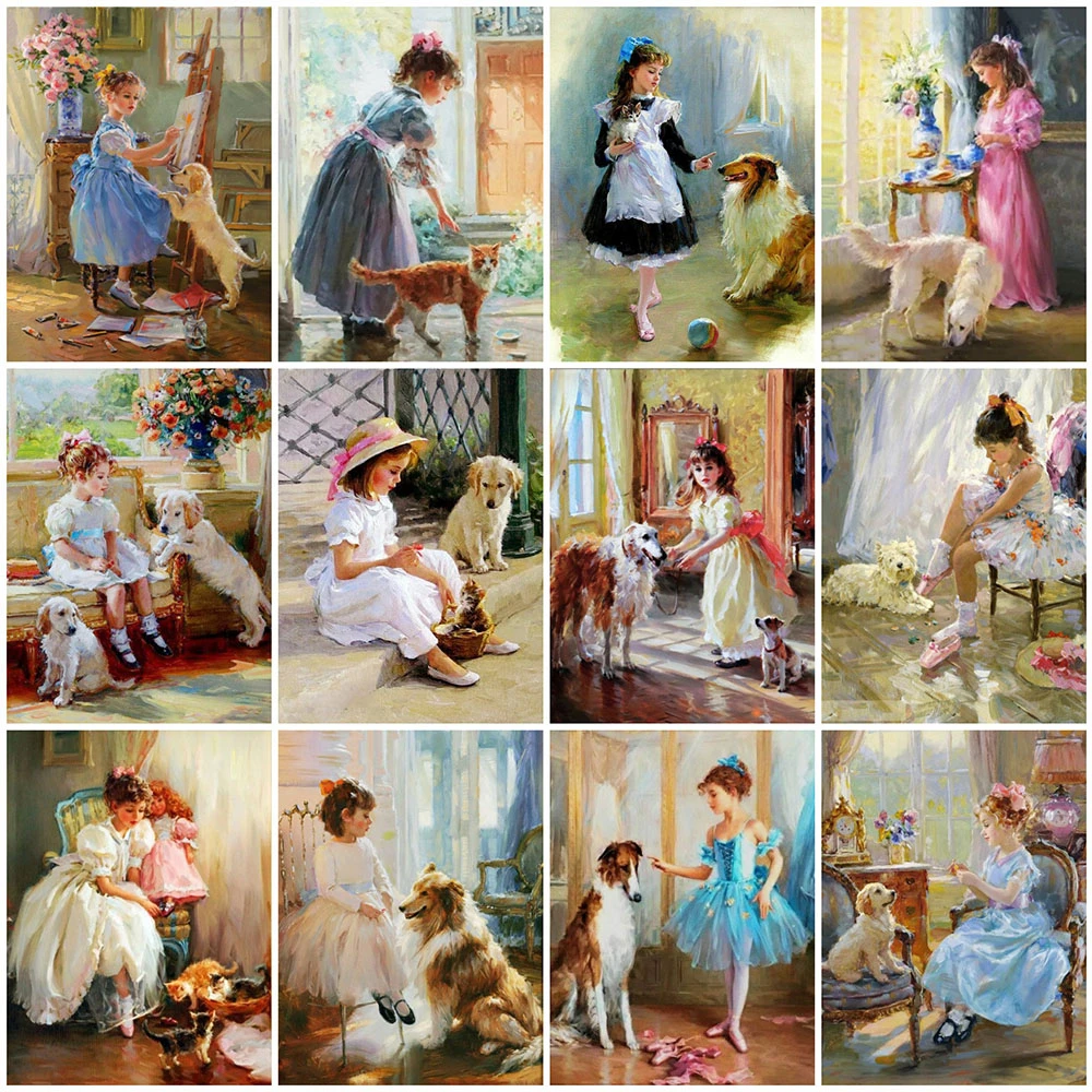 

JIEME 5D DIY Diamond Embroidery Girl Full Round Diamond Painting Portrait Cross Stitch Dog Craft Kit Wall Art Decorations