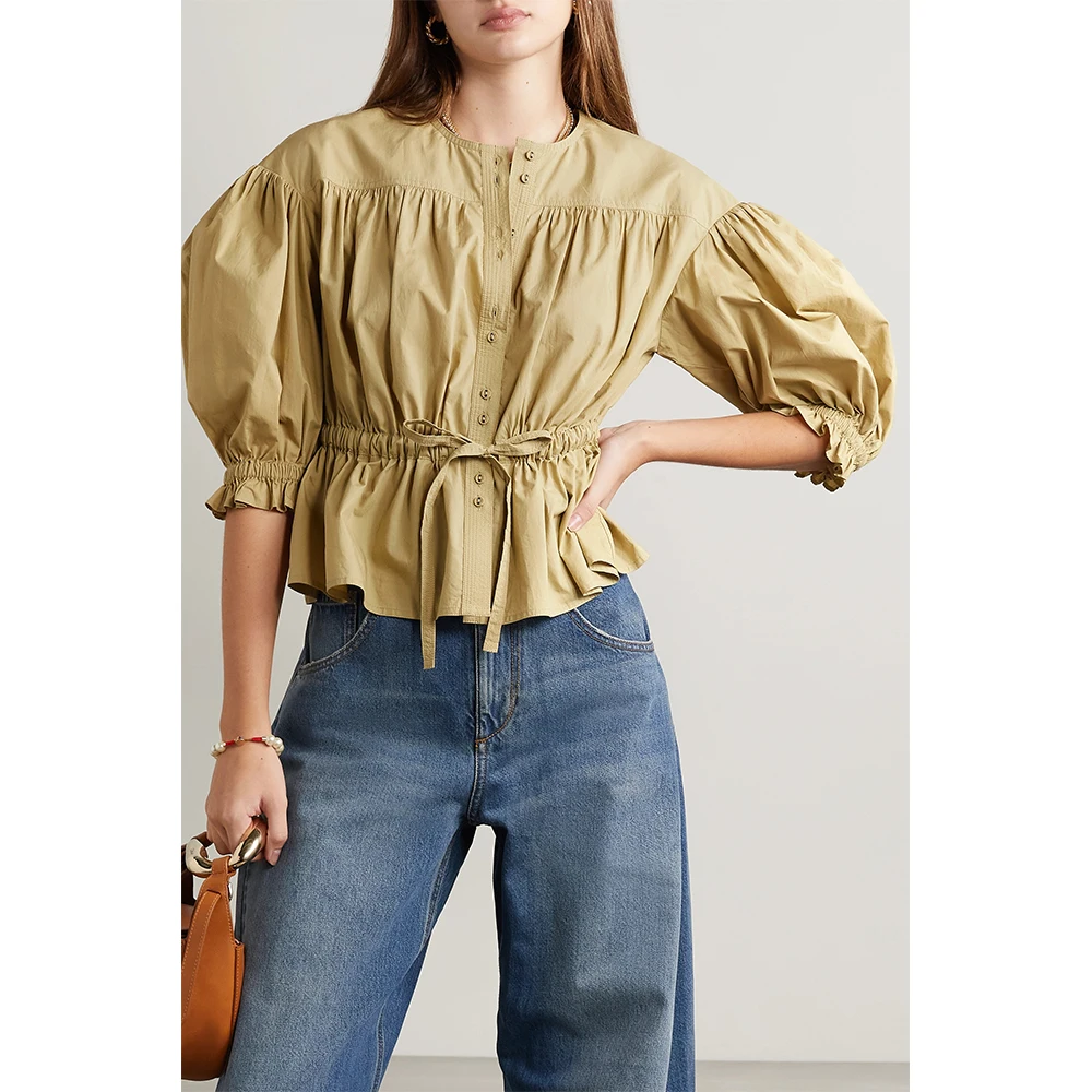 

2022 Romantic Pleated Shape Lace Up Drawstring Waist Lantern Sleeve Women's Cotton Shirt Top 2 Colors