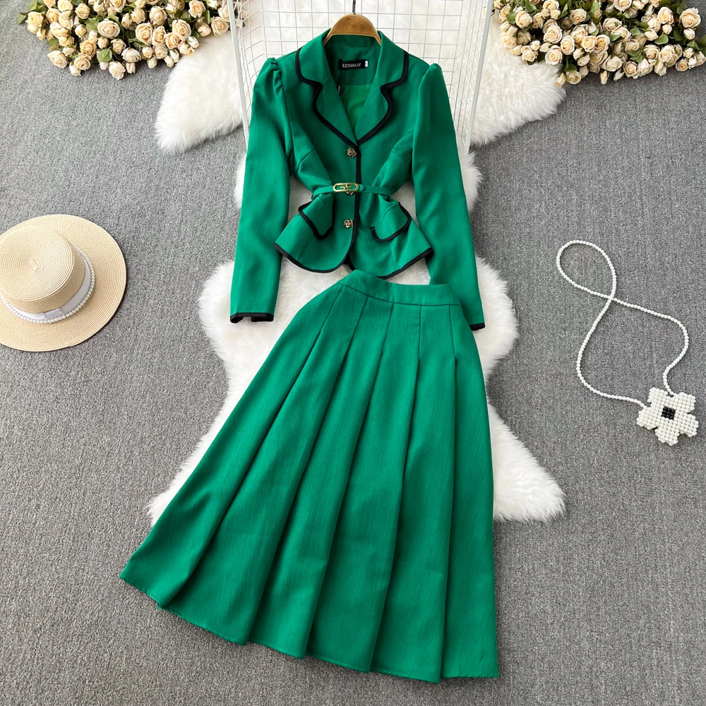 Fashion Suit Female OL Professional Temperament Clash Color Suit Jacket Two Pieces of High Waist in Long Style Pleated Skirt Aut