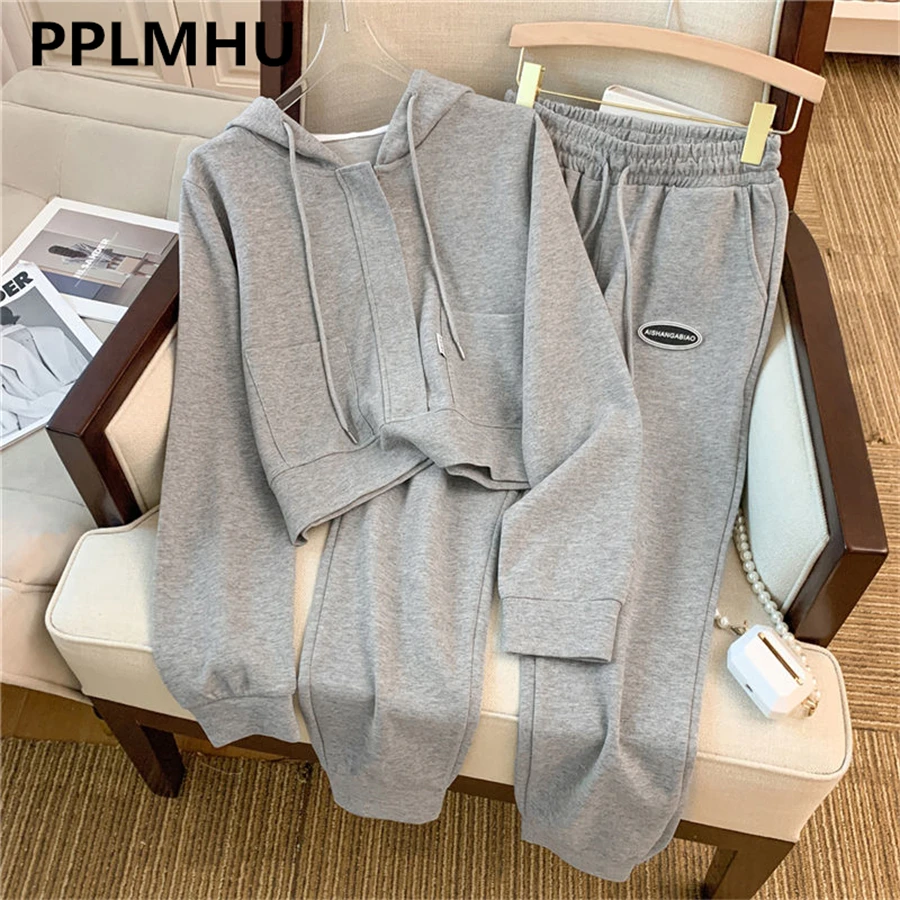 

Спортивный костюм в Корейском стиле, короткий свитшот с капюшоном и прямые брюки-джоггеры, базовый комплект свободного кроя из 2 предметов, ...