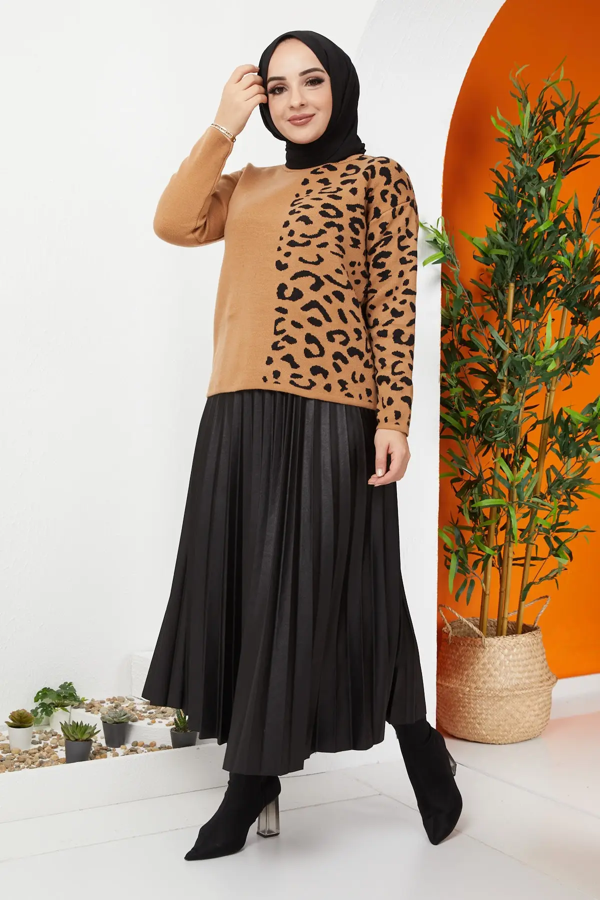 

Трикотажный свитер в рыбацком стиле с леопардовым принтом