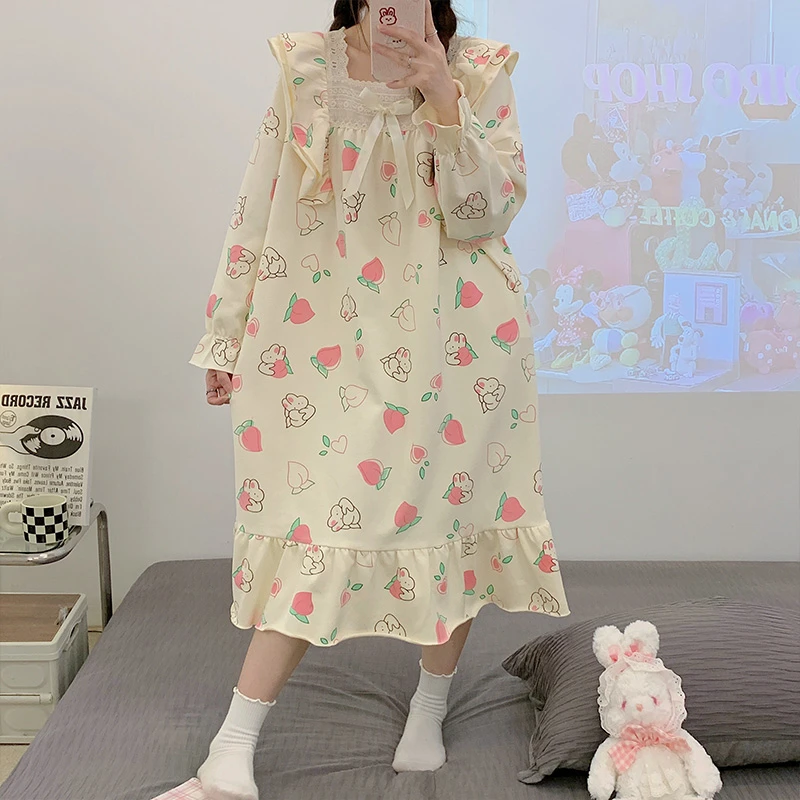 

Autumn Pajama For Women Kawaii Rabbit print Sleepwear Nightgown Pyjamas Pijama Mujer Long Sleeve Home Clothes Nightdress