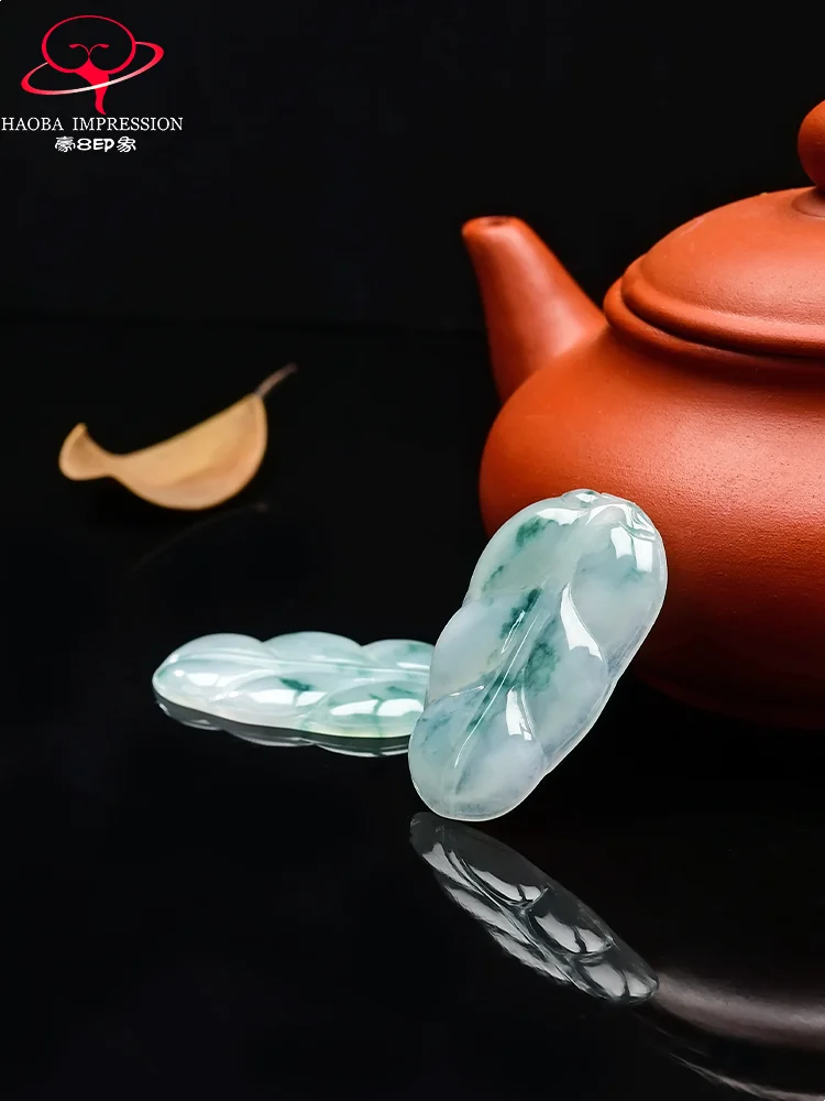 Hao8 Hot0f New Jade Leaf Pendant Natural a Goods Burmese Ice Floating Flower with Certificate