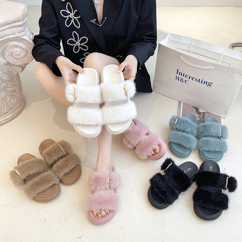 

Shoes Ladies' Slippers Slipers Women Fur Flip Flops Rivet Low Platform Rubber 2022 Plush Soft Summer Fabric PU Slides Rome Basic