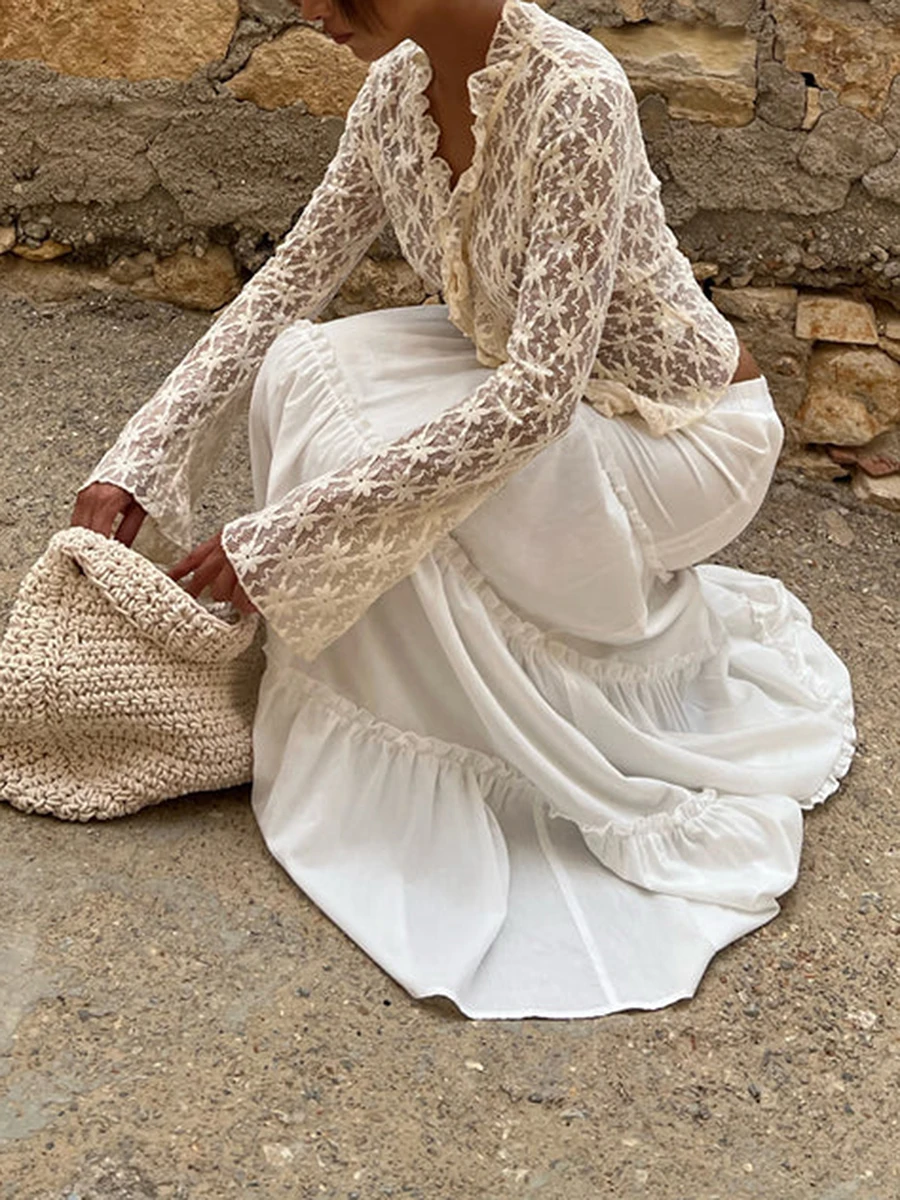 Осенняя женская блузка кружевные топы с цветочным принтом расклешенные длинными