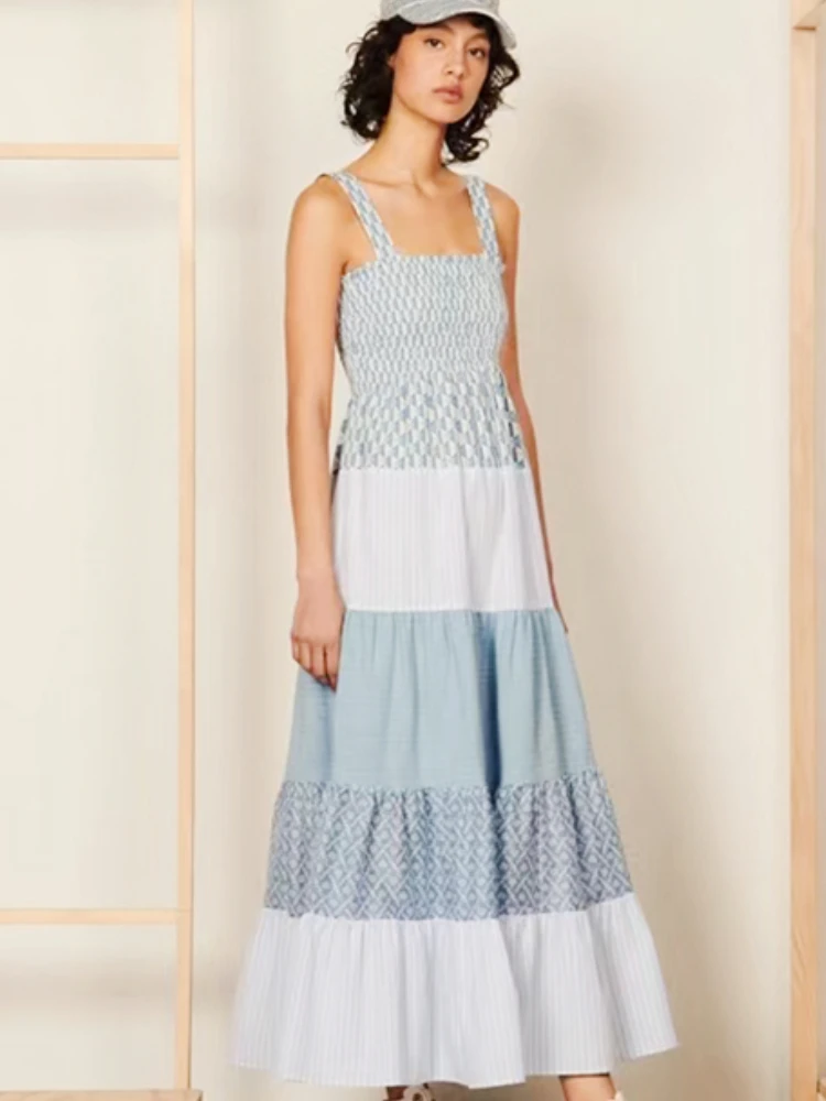 

2022 spring Summer New sandr paris Lotus Leaf Edge Rhombus Wide Strap Top Stitching Dress Women Midi Dress