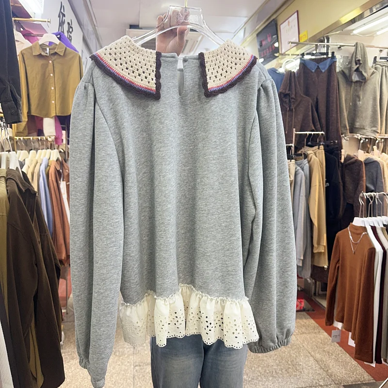 Корейский стиль 2023 Осень-зима повседневная флисовая толстовка с кружевным