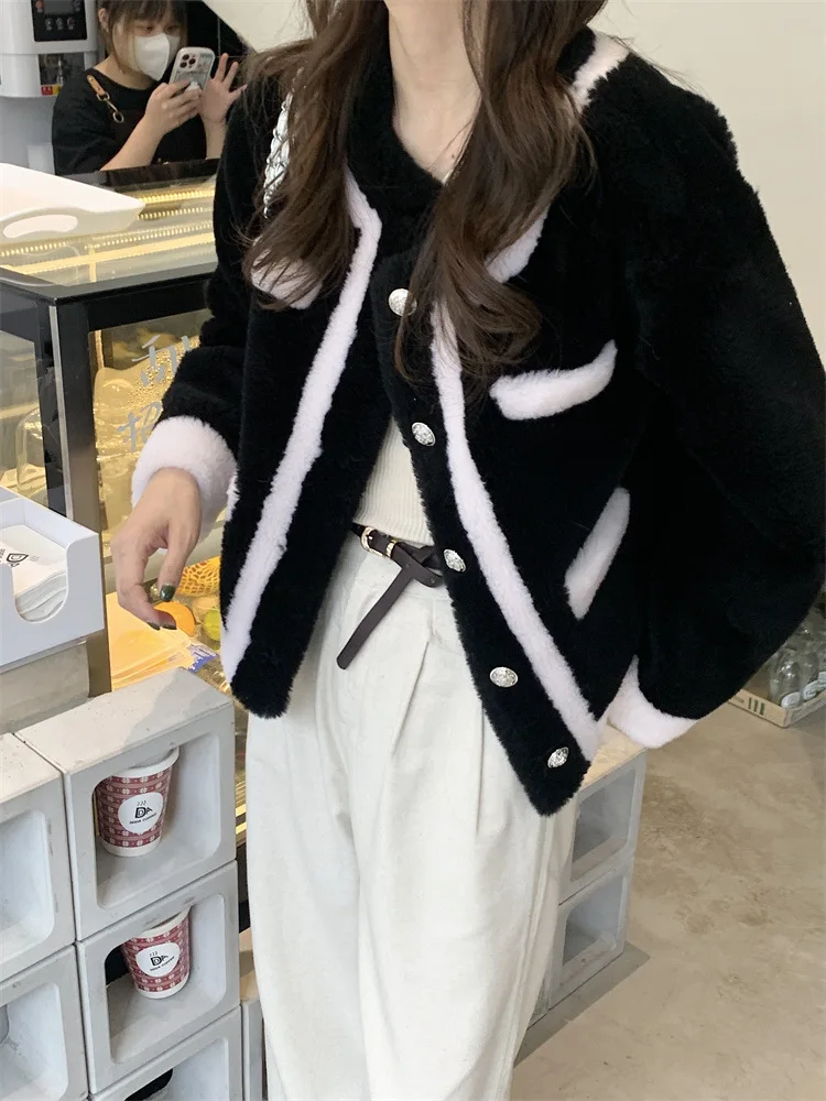 24 осень/зима новое маленькое ароматное пальто из овечьего меха с круглым вырезом
