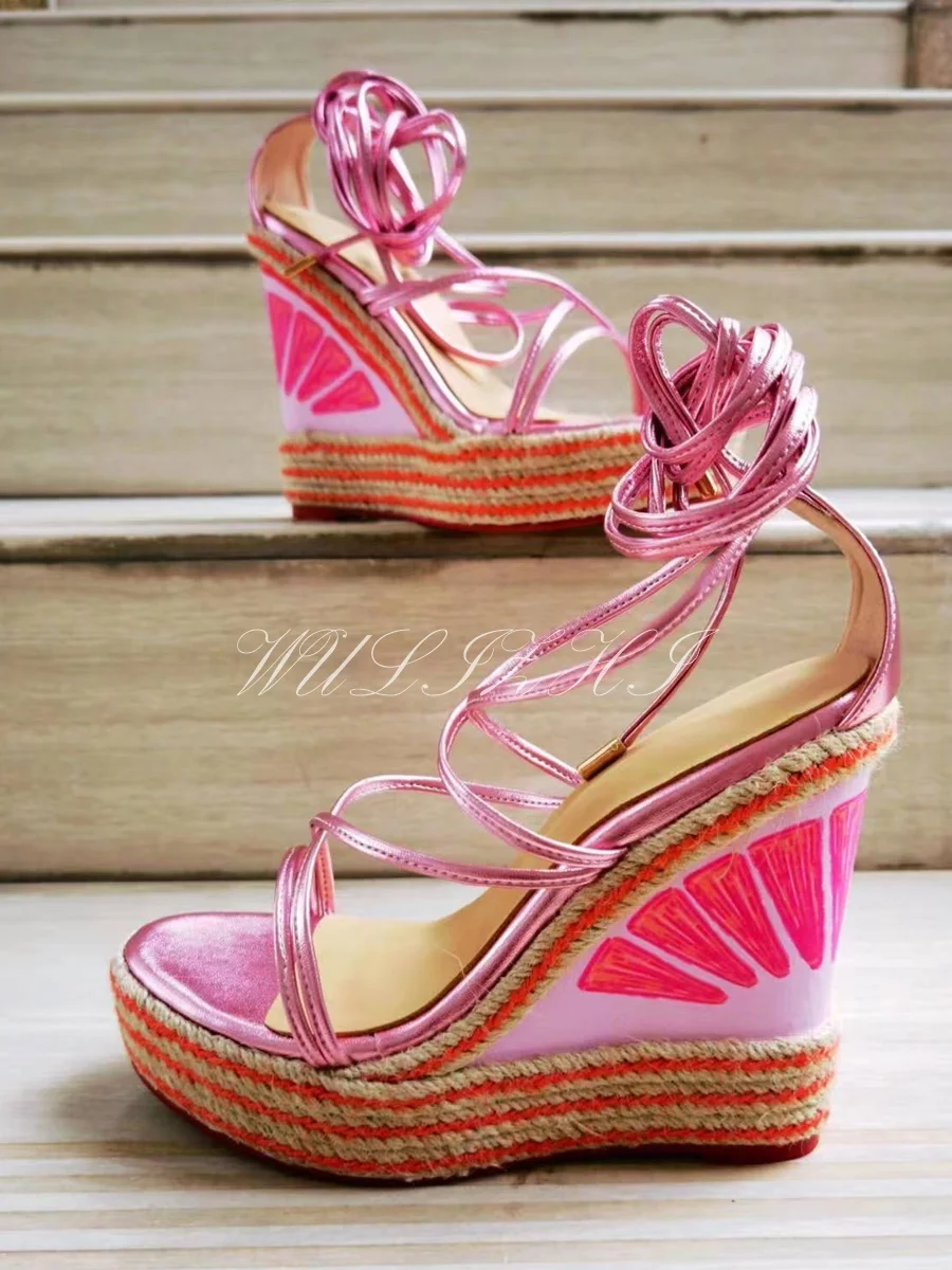 Watermelon Pink Bling Graffiti Wedge Sandals Multicolored Espadarille Leather Wrap Strappy Sandals Platform Riband Round Shoes