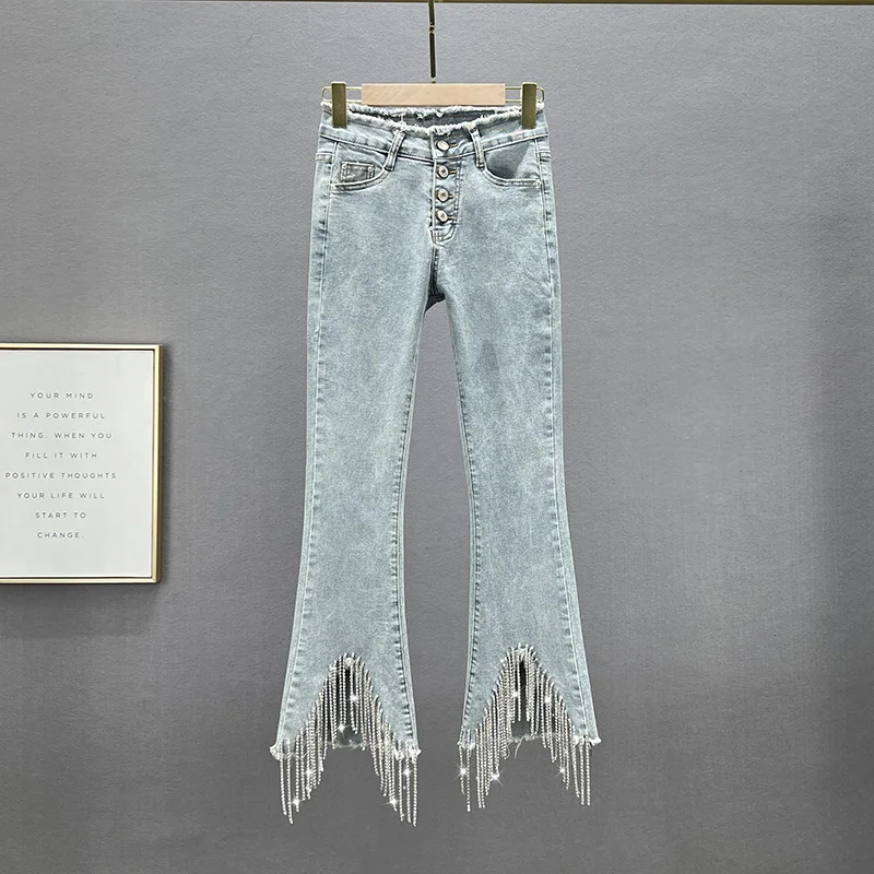 

Tasseled Jeans Women's 2023 New Spring Summer High Waist Diamond Ankle-Length Boot-Cut Trousers Female Jeans Street Denim Pants