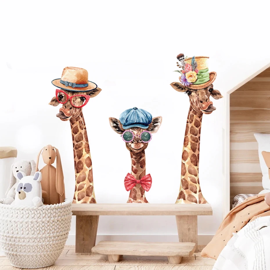 

Cartoon Cute Giraffe Animal Hat Watercolor Wall Sticker Nursery Wall Decals Peel and Stick Wallpaper Kids Room Home Decor Gifts