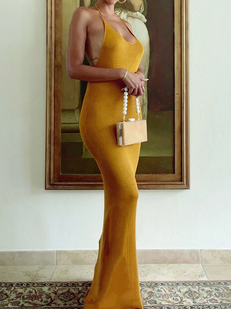 

Летнее ажурное платье макси с открытой спиной для женщин зеленое сексуальное платье без рукавов с лямкой на шее облегающее длинное платье д...