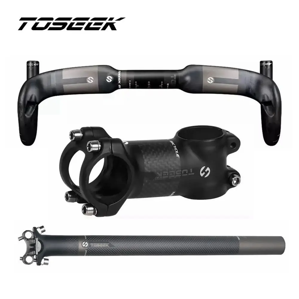 

TOSEEK Bike Road Bent Bar Sets Carbon Fiber Handle Bar Seat Post Stem Bicycle Road Handlebar For Internal Routing