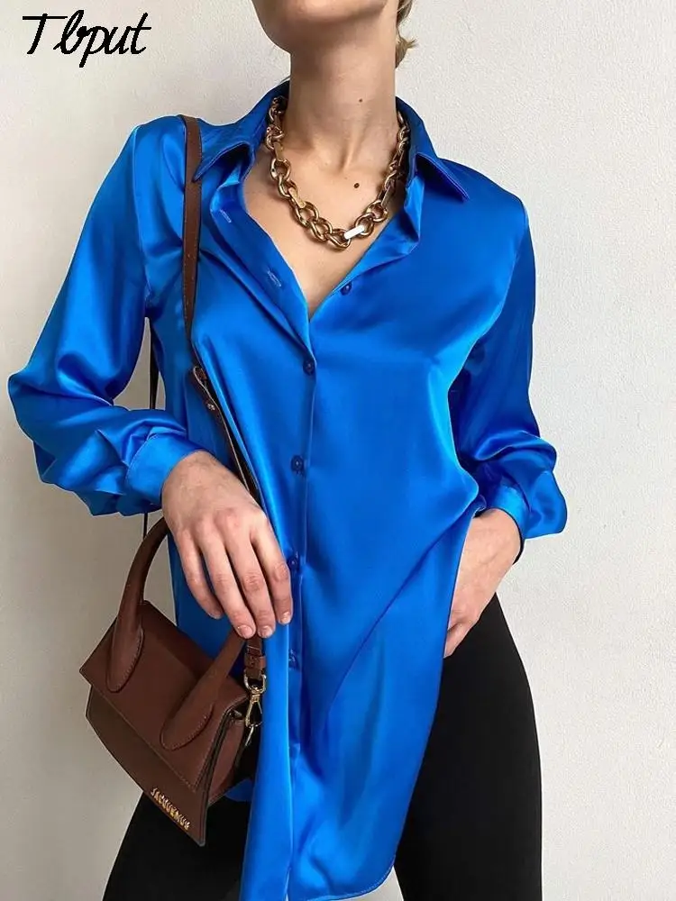 Женская шелковая атласная драпировка голубая Повседневная Блузка с отложным