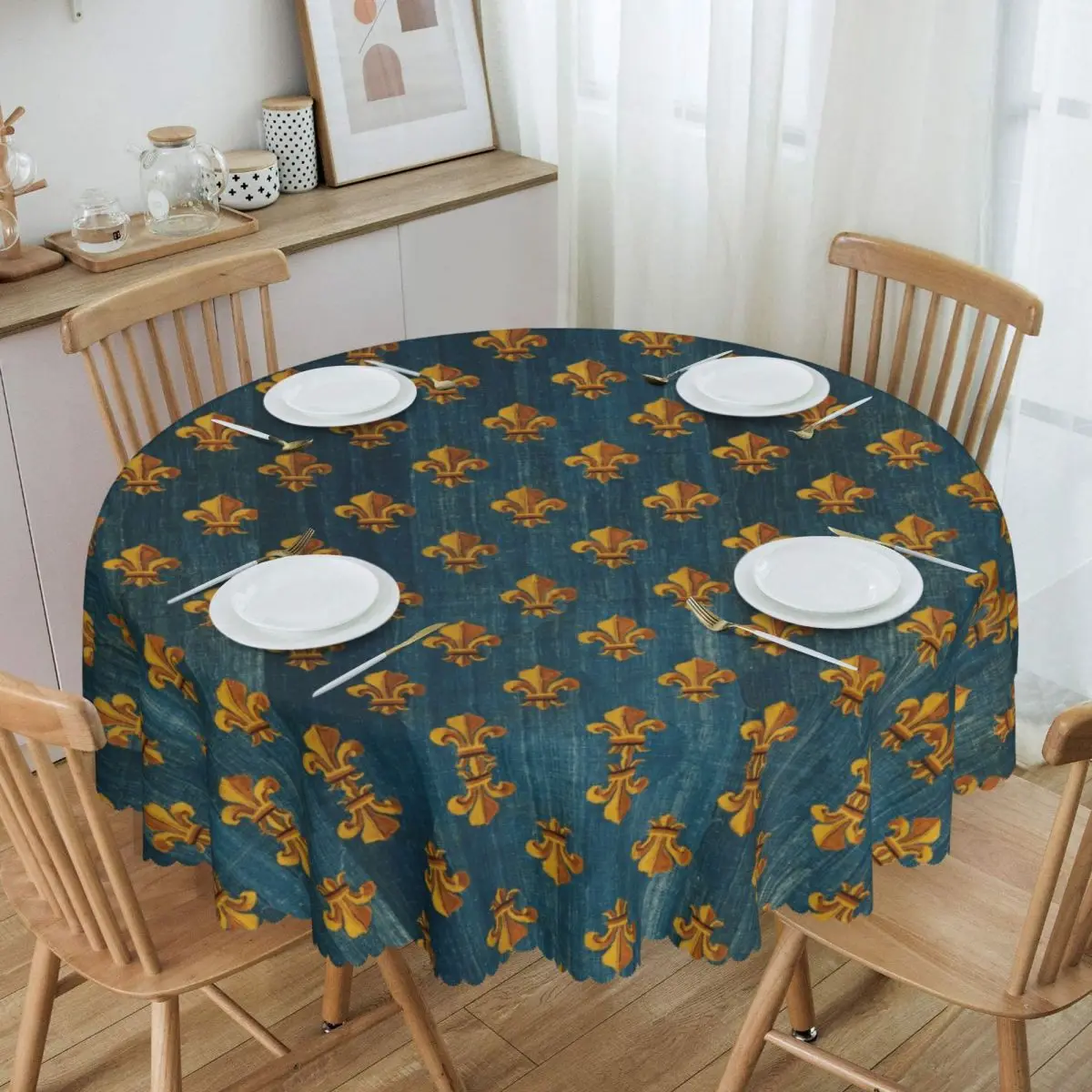 

Gold Fleur De Lys Tablecloth Round Waterproof Lily Flower Fleur-de-Lis Table Cloth Cover for Banquet 60 inches