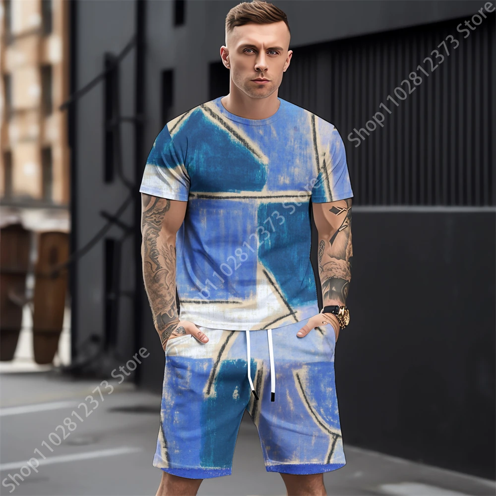 2023 Summer Mens Tracksuit Men Casual Street Men T-shirt+Shorts Two Piece Set Men Fashion 3D Splash-Ink Printing Clothes For Men