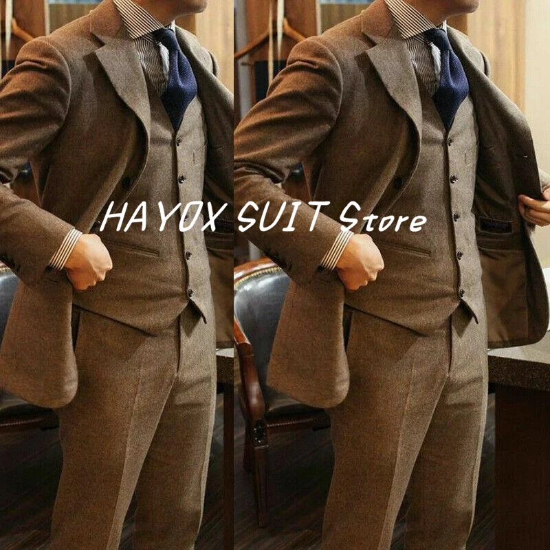 

2022 Tweed Men's Brown Wedding Suit 3 Pieces Slim Fit Lapel Fashion Business Homme Conjuntos De Blazer Tuxedo