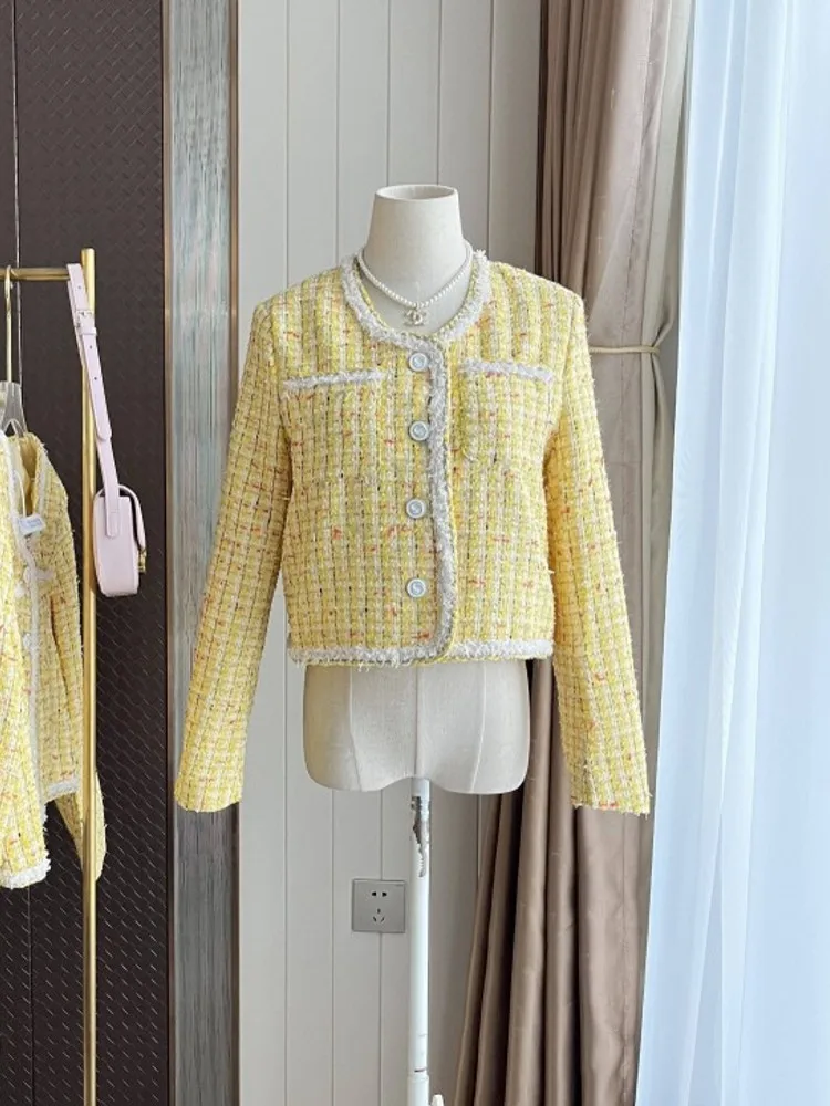French Design Fashion Sweet Tweed Jacket For Women Luxury Yellow Woolen Short Coats Outwear Femme Casacos Chaqueta Mujer