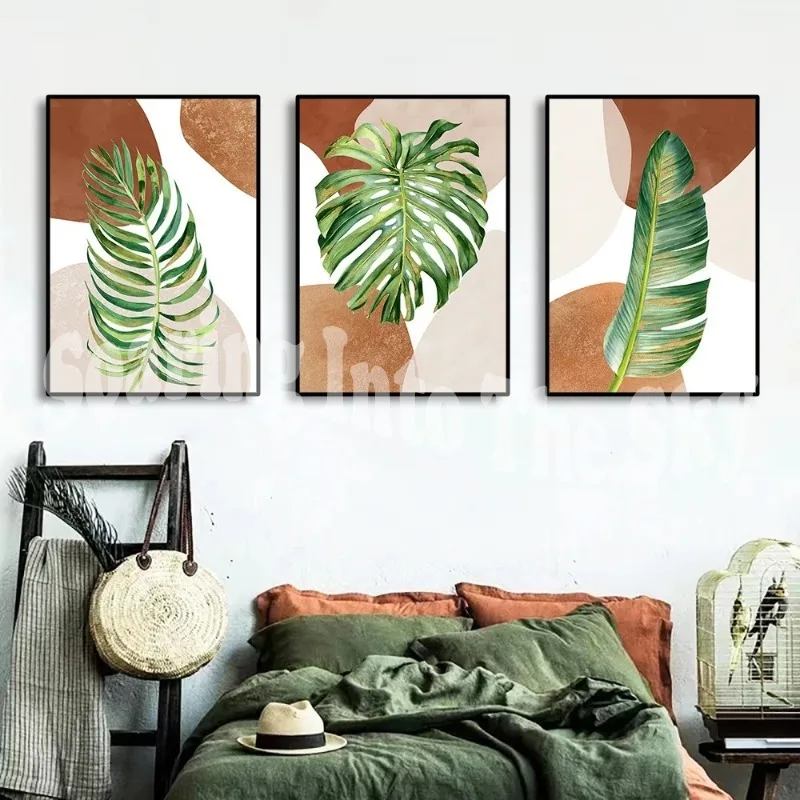 3 шт. абстрактные зеленые золотые листья монстеры холст живопись настенные