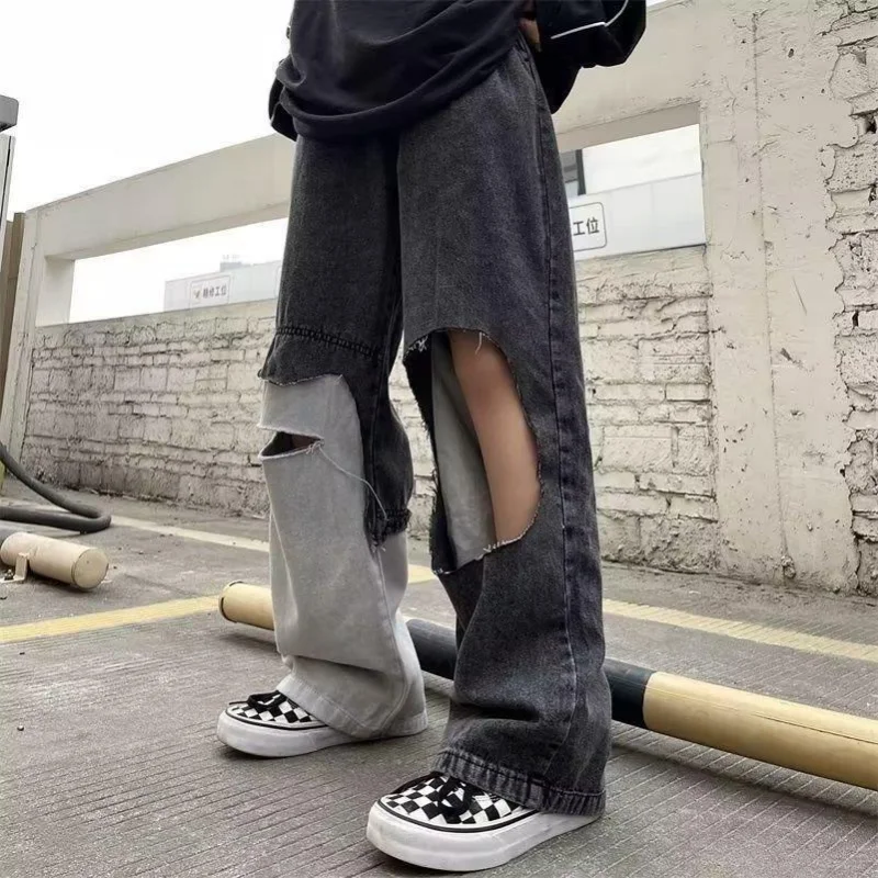 DEEPTOWN Patchwork Hole Jeans Men Black Streetwear Denim Pants Loose Hip Hop Straight Trousers Male Punk Harajuku Korean Spring