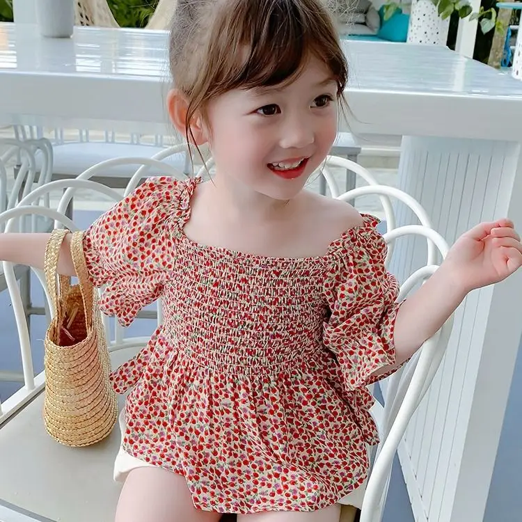 

Girls Clothes 2022 Summer New Girls' Square Collar Top Korean Floral T-shirt Comfortable Children's Top kids casual clothes