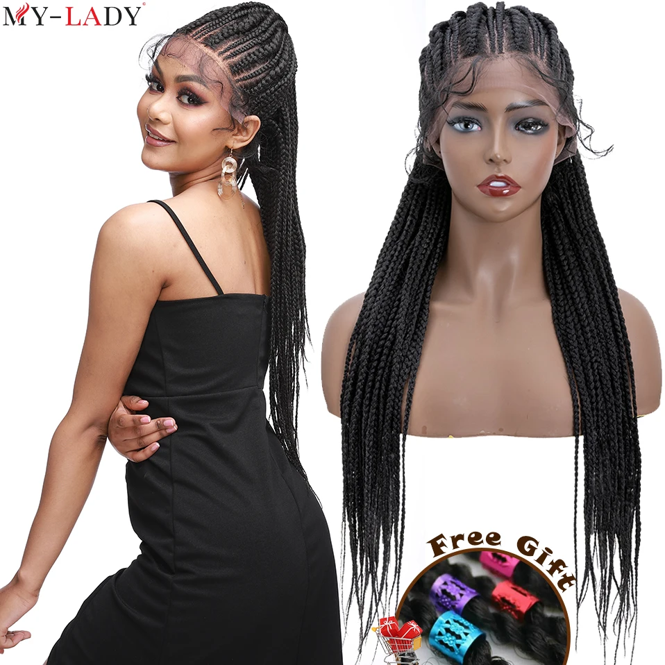 My-Lady Long Synthetic Box Braids Lace Front Wig With Baby Hair Ponytail Cornrow Braided Lace Wigs Brazilian Braids Wig Afro Wig