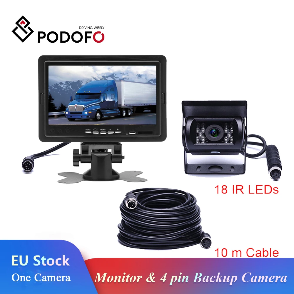 Podofo 7 Inch Car Monitor DC 12V-24V +4 Pin IR Night Vision Rear View Camera Without Guideline For Bus Truck RV Caravan Trailers