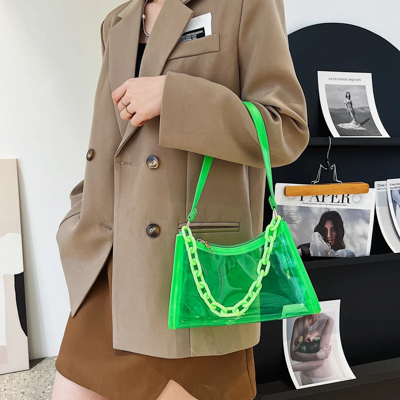

Summer Fluorescent Transparent Jelly Handbag Candy Pure Color Clear Shoulder Bag Women's Armpit Bag Waterproof Underarm Bag New