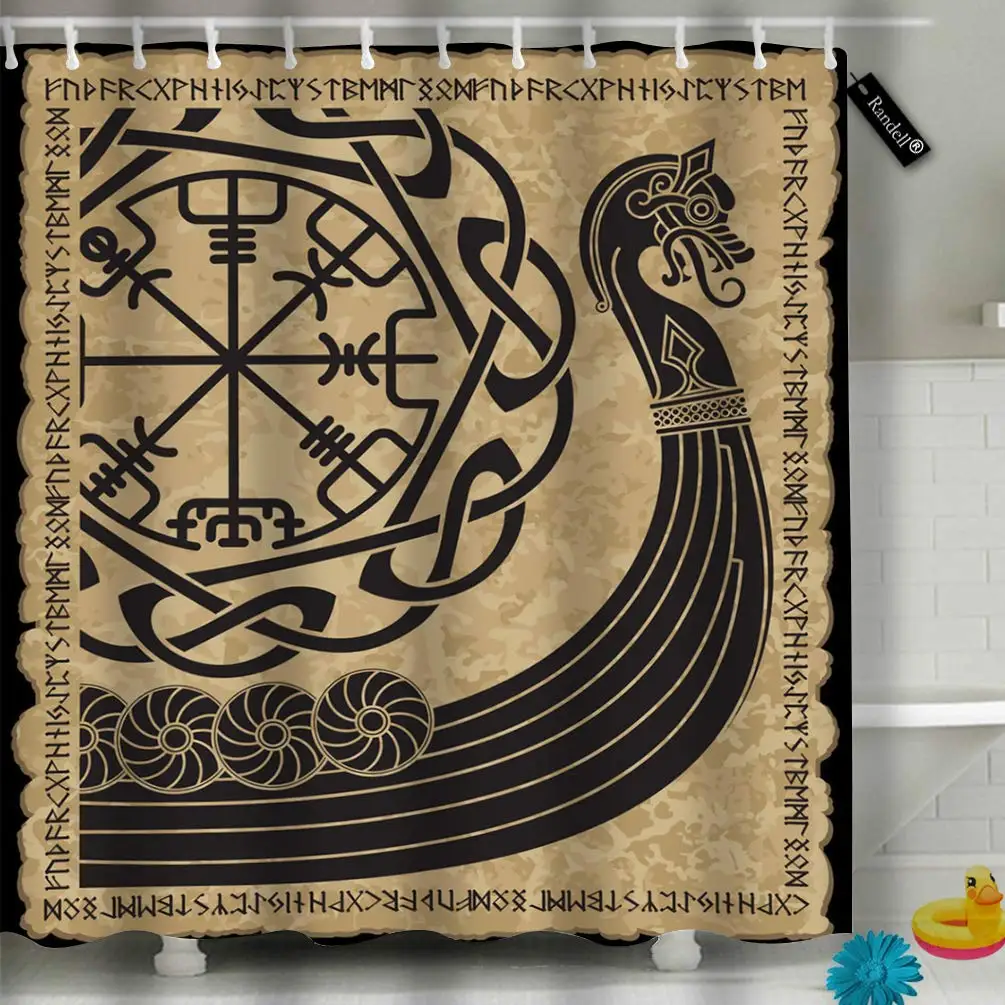

Занавеска для душа в стиле викингов, винтажный боевой корабль викингов Drakkar, древние скандинавские и скандинавские руны, декоративный набор...