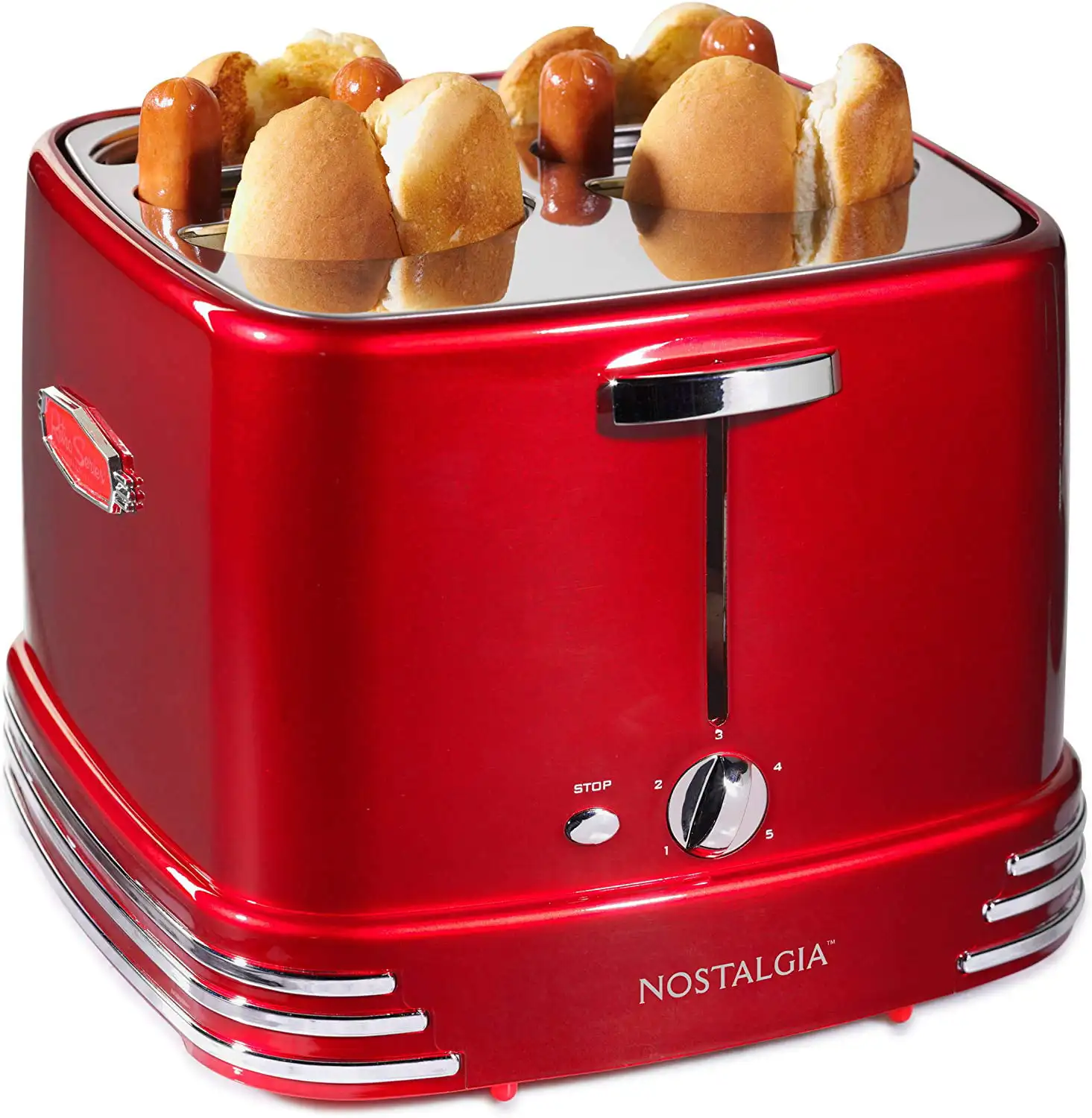 

Nostalgia RHDT800RETRORED Retro Pop-Up Hot Dog Toaster, 4 Link and 4 Bun Capacity with Mini Tongs, Retro Red
