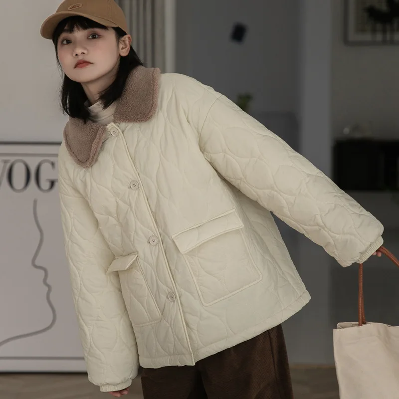Lamb's Wool Collar Down Cotton Jacket Female Design Sense of Winter New Japanese Loose Casual Warm Cotton Coat Jacket