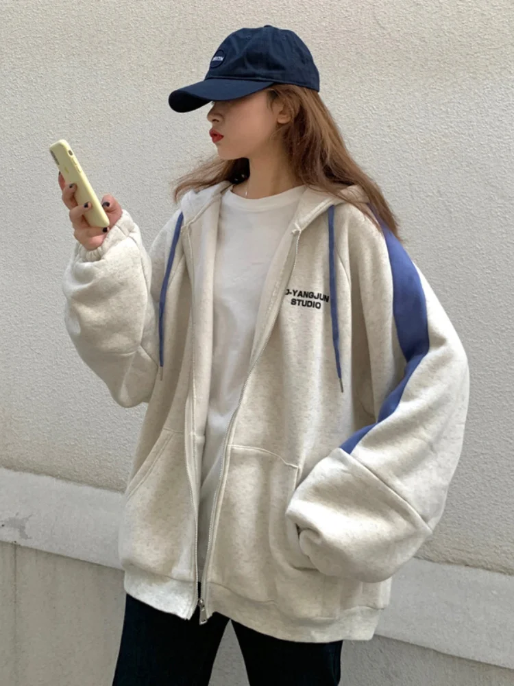 

Harajuku Fashion Contrast Color Hoodies Coat Pocket Zipper Loose Casual Sweatshirt Korean Streetwear Punk Y2k Top Grunge Clothes