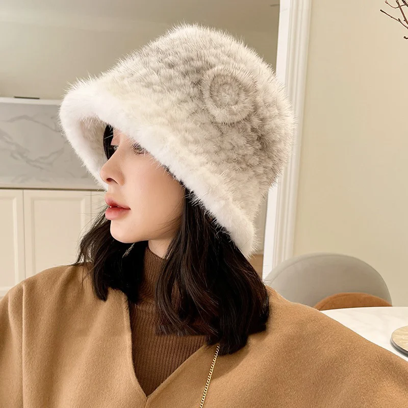 Women's Warm Thick Fur Winter Hat Braided Luxury Mink Fur Fisherman Hat Floral Embellishment Fashion Windproof Fur Hat