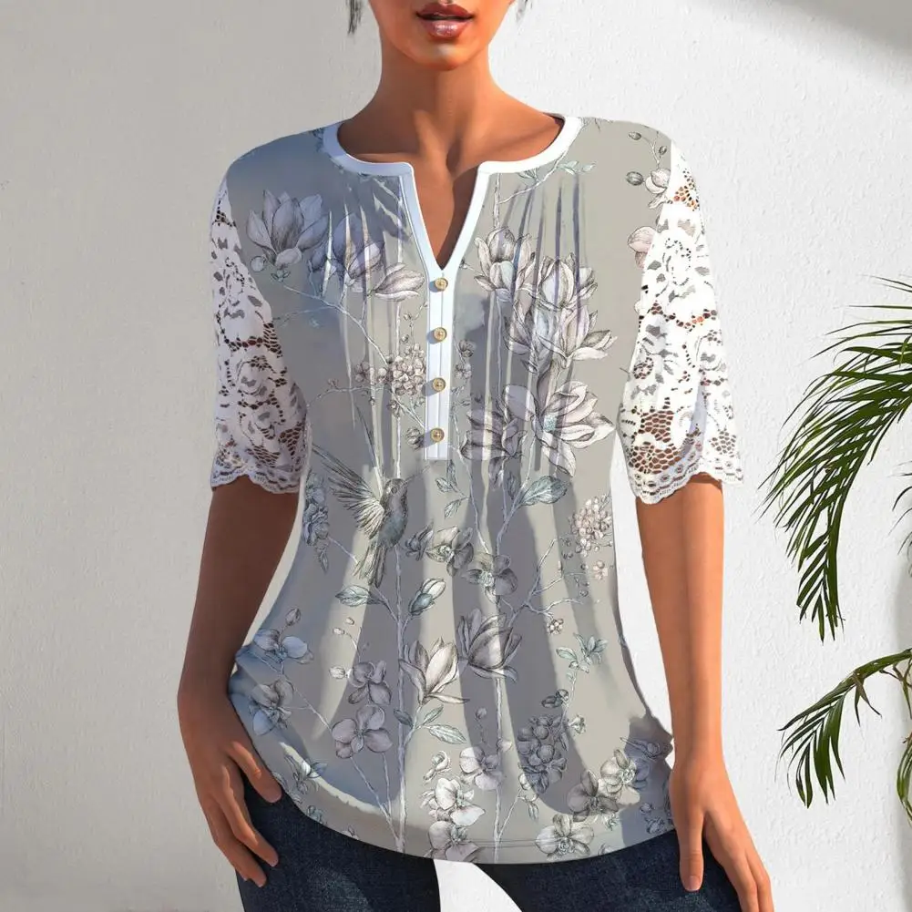 

Tee Shirt Crochet Lace Stitching Pullover Top Summer Floral Print Casual Tee Tops