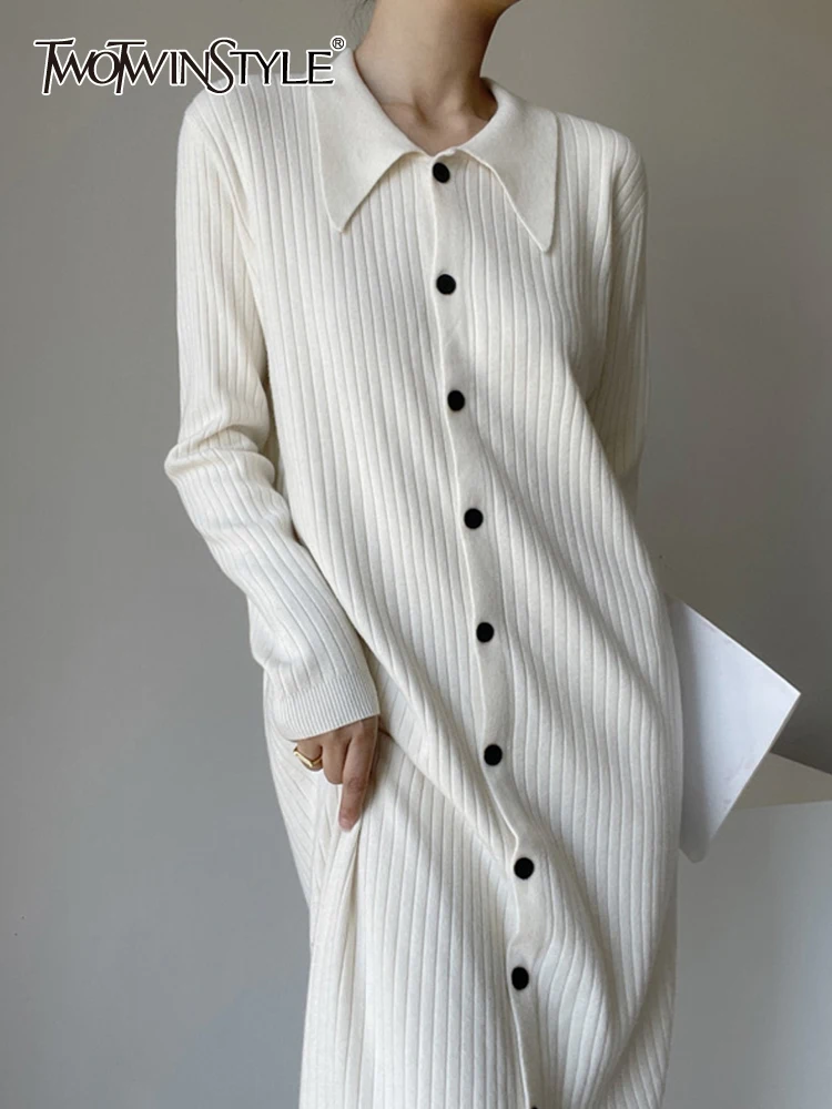 

Женское трикотажное платье TWOTWINSTYLE, однотонное платье на пуговицах с отложным воротником и длинным рукавом, свободная талия