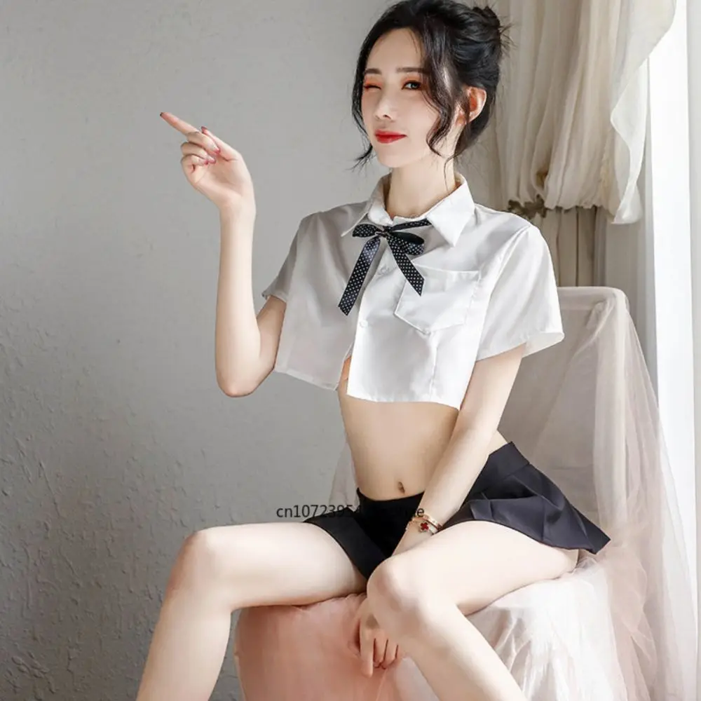 

Erotic Underwear Sexy Perspective Student Clothes White Shirt Collar Rope Bow Uniform Temptation British Plaid Pleated Skirt 10$