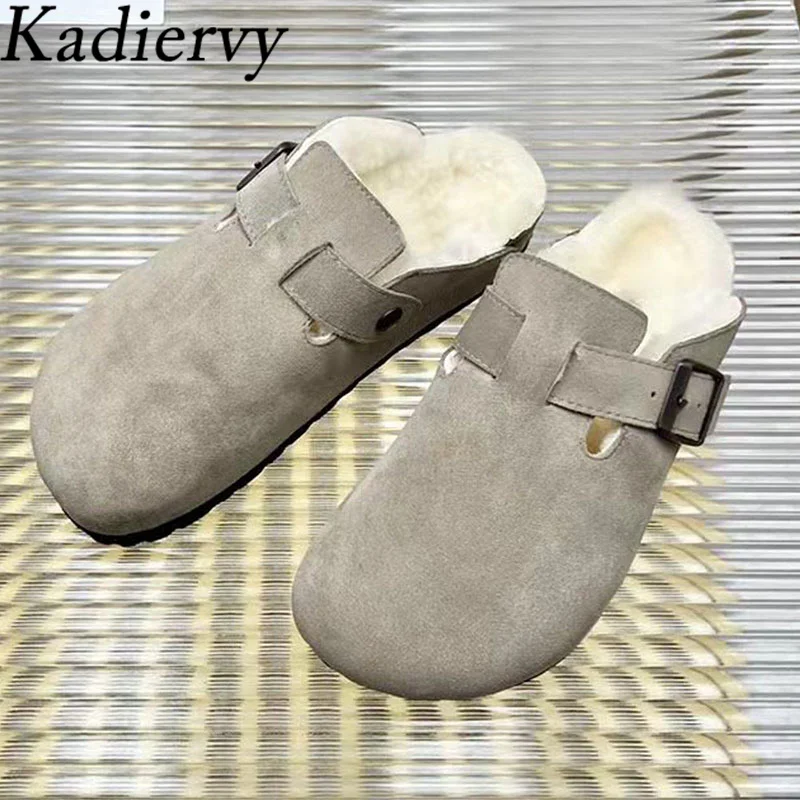 

Winter Wool Warm Slippers Women Metal Buckle Flat Shoes Woman Mules Com Suede Loafers Casual Half Slippers Men Size 35-44