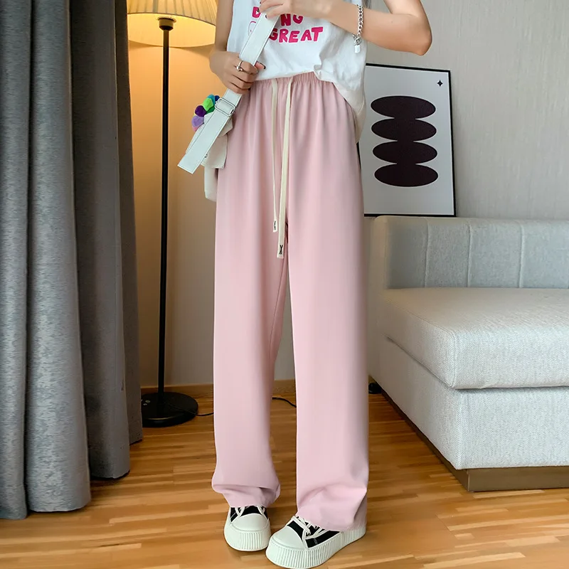 

Pink Straight Pants Women Korean Fashion Elastic Band Drawstring Casual Loose Trousers Elegant Ladies Baggy Sweatpants Autumn