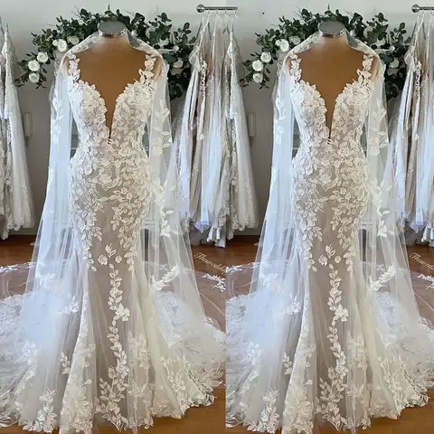 Trumpet Wedding Dresses for Women 2023 Bride Tulle Lace Appliques V-neck Bridal Gowns Sleeveless Custom Made Vestidos De Novia