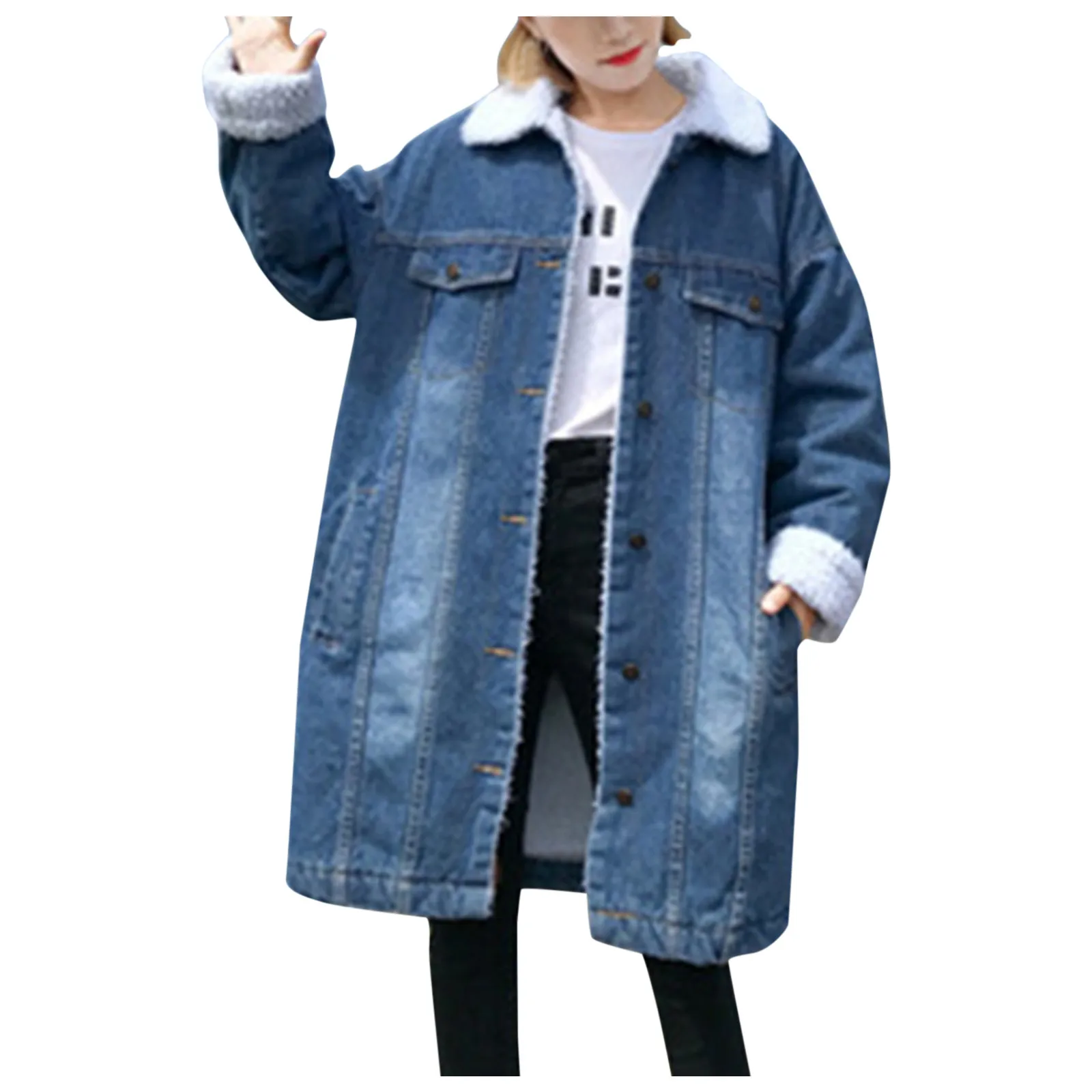 

Winter Womens Jean Coat Thicken Soft Fleece Long Denim Coat Punk Outwear Long Sleeve loose thickening cotton-padded jacket